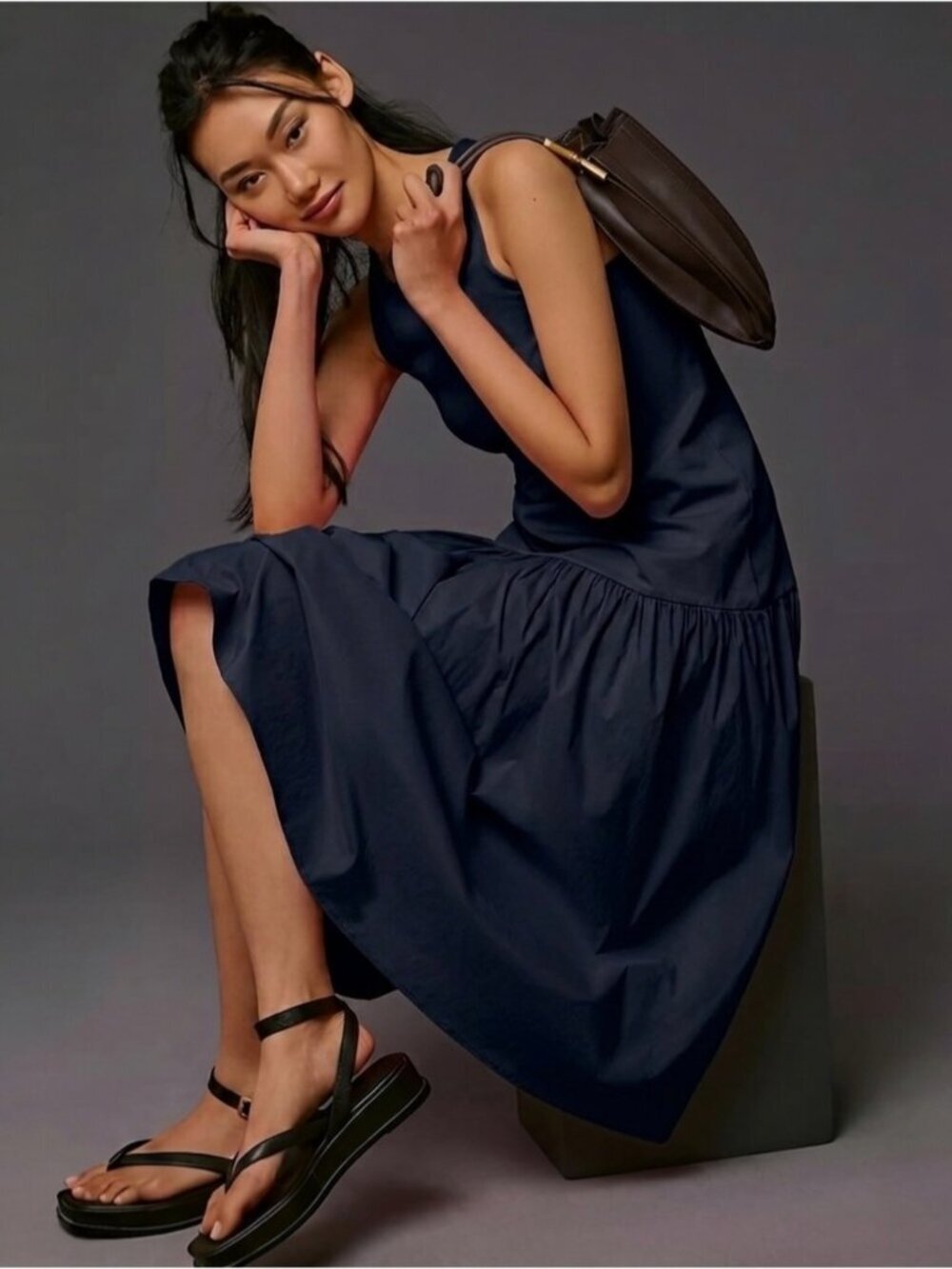 Anthro Maeve Sleeveless Flounce Dress Size XS P Navy Blue Drop Waist Midi